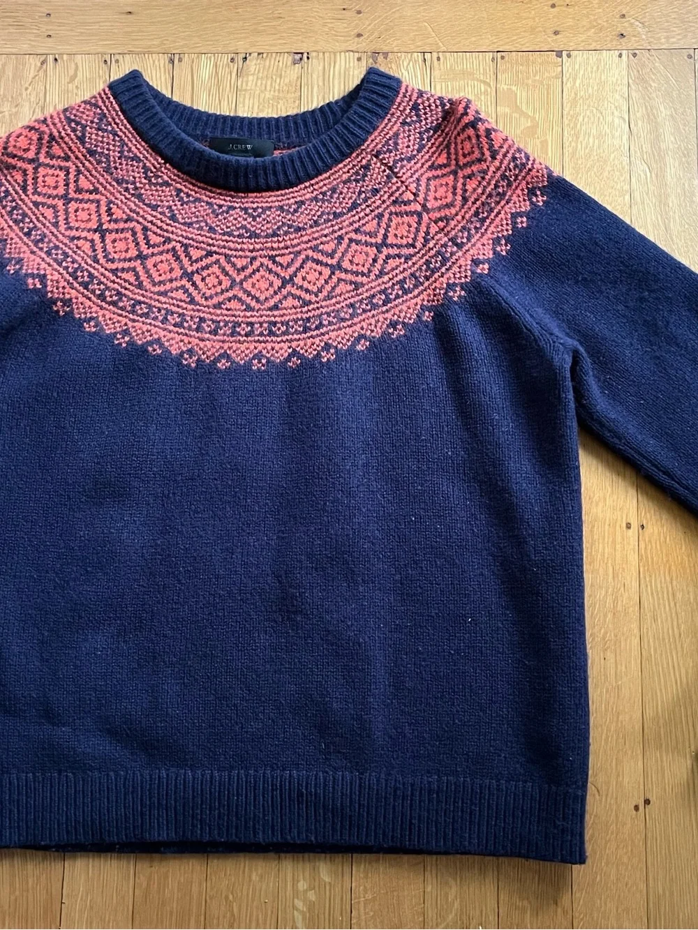 J. Crew Navy Crewneck Sweater with Red Fair Isle Yoke
